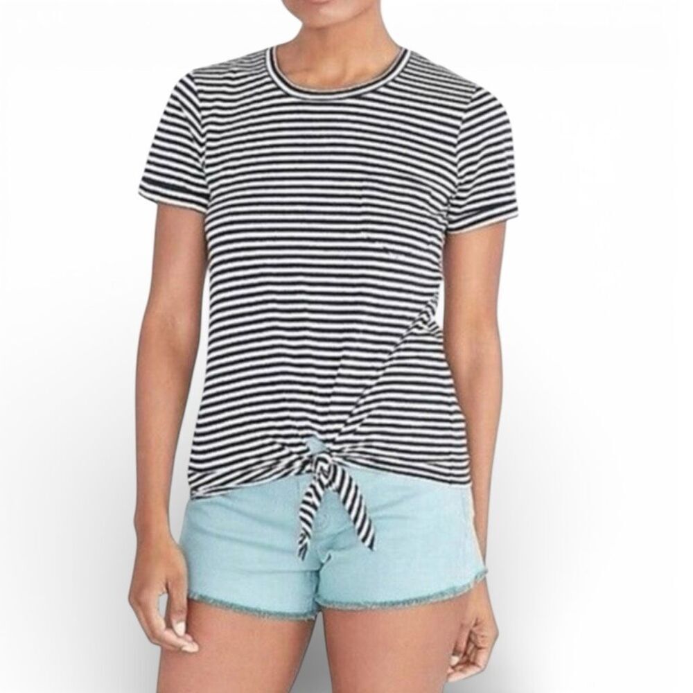 Womens J Crew Navy Blue Striped Knot Front Pocket Tee Shirt Top - Sz XL